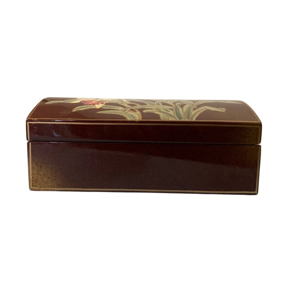 Vintage Floral Lacquered Wooden Jewelry Box With Hinged Lid And Orchid Design - Picture 3 of 9